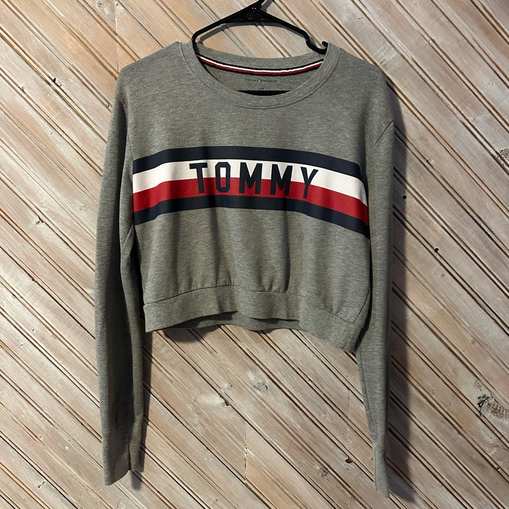 Tommy Hilfiger Grey Tri Stripped Cropped Top Long Sleeve Athleisure